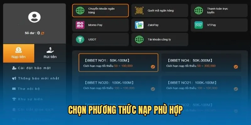 Chọn phương thức nạp phù hợp